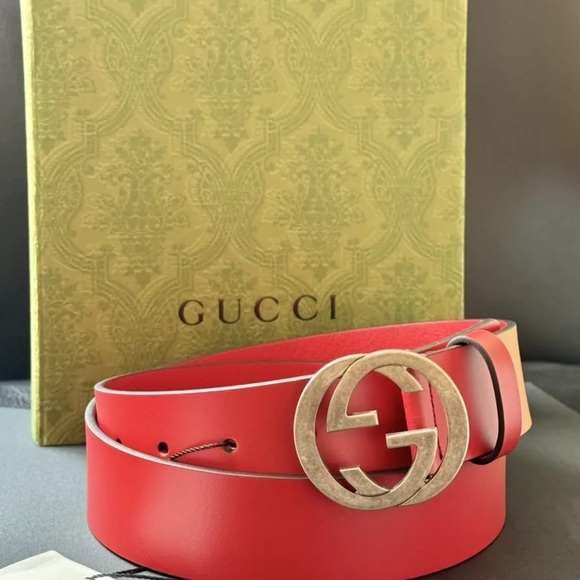 Gucci Red Rosso Leather Belt with Silver GG Logo Buckle - Picture 6 of 8